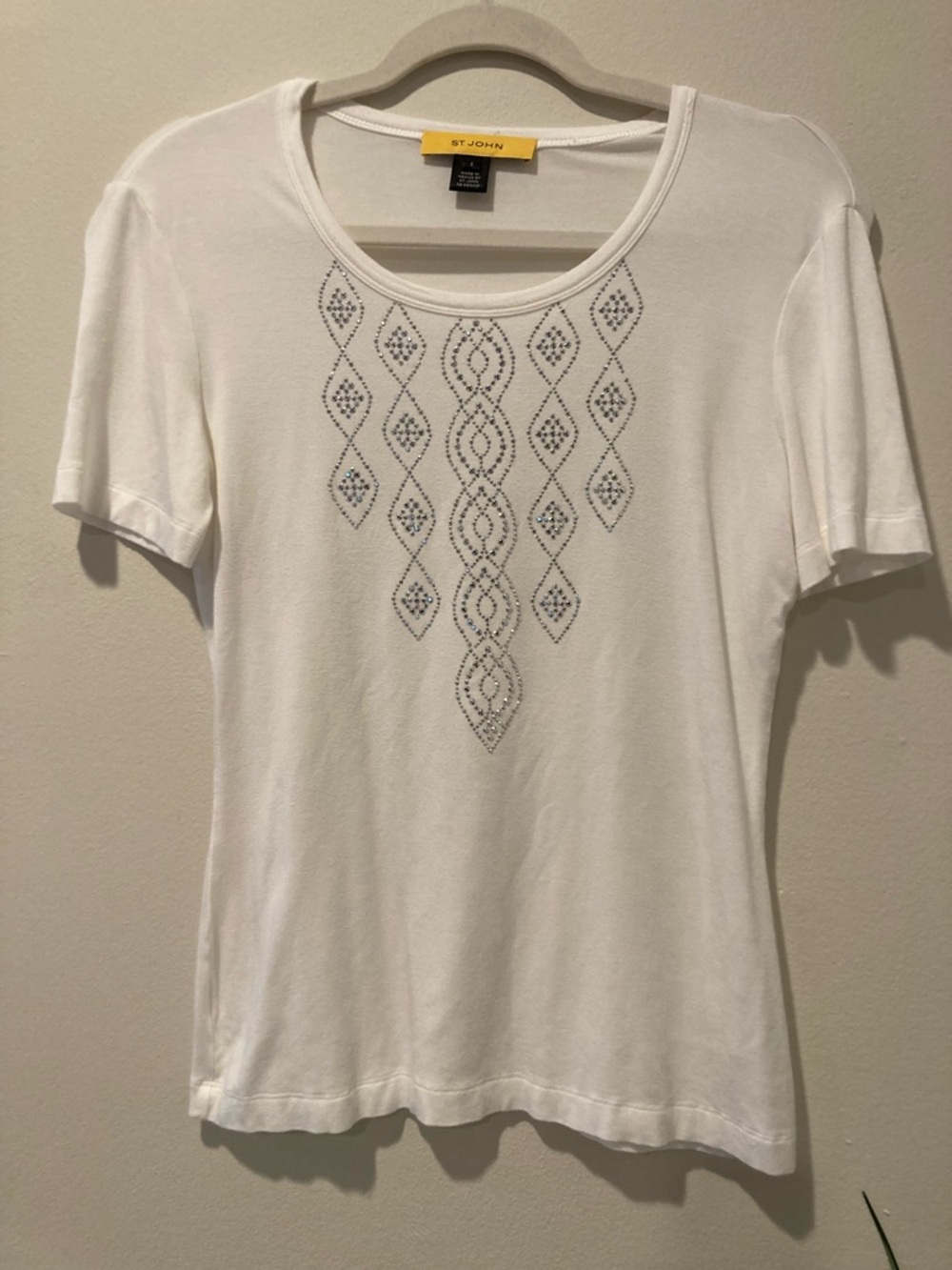 St. John White Short Sleeve Embellished Front Tee